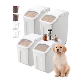 VEVOR Rice Storage Container, 3.5Gal/15Lx2 + 4.5Gal/20Lx2 Large Dog Food Dispenser Bin, Kitchen Ingredient Grain Cereal Bin, Pet food Containers with Wheels, 4 Measuring Cups, Airtight Lid, 4 Pack