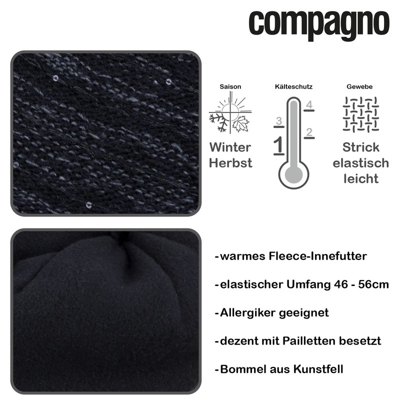 Compagno Winter Hat Knitted Hat Women's Bobble Hat Fleece Lining