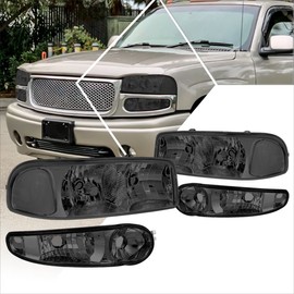 PM PERFORMOTOR [4Pcs-Set] Headlights Assembly+Signal Lamps Compatible with 01-07 GMC Sierra/Yukon Denali,Smoked Lens/Clear Corner
