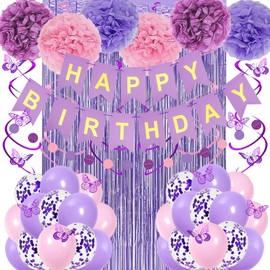 Purple Pink Birthday Party decorations for Women Girls include purple pink balloons Happy birthday banner 3D Butterfly Wall Decor Tissue Paper Pompoms for Birthday Party decorations