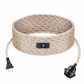 15FT Plug in Hanging Light Fixture with Switch E26 Base Bulb Socket, Industrial Pendant Lamp Light Cord with Twisted Hemp Rope DIY Light Fixture for Farmhose Bedroo Home Lighting Decors (White)