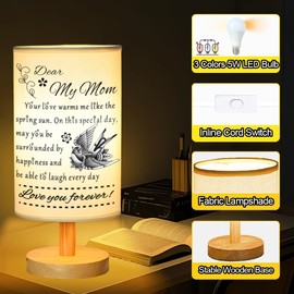Gifts for Mom from Daughter Son, Mom Birthday Gifts - 3 Colors Night Stand Light Lamp, Bedside Table Lamp with Wood Base Round Flaxen Fabric Shade, Mothers Day Anniversary Birthday Present for Mom
