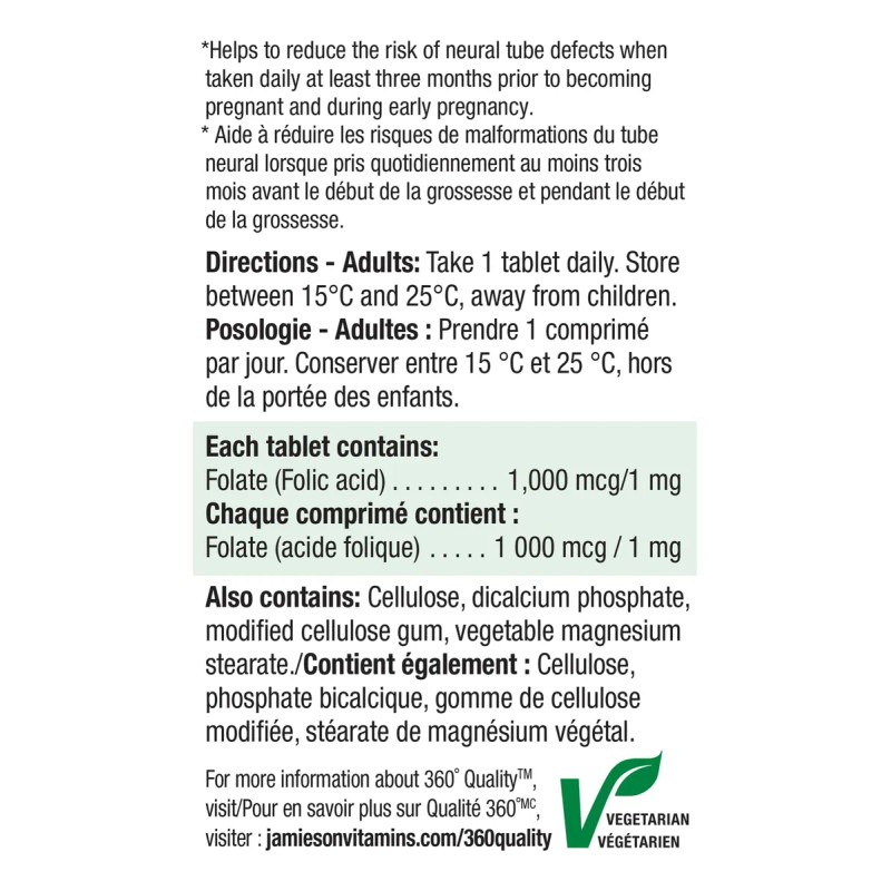 Jamieson Ácido Fólico 1 Mg Suplemento Prenatal 100 Tabletas