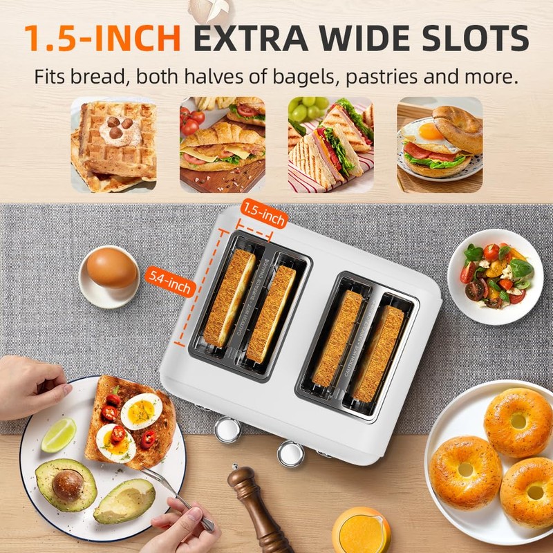 RAMJOY White Toaster 4 Slice, Dual Independent Controls, Extra Wide