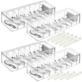 4 Pcs Cable Organizer Box with 40 Wire Ties, Clear Plastic Cord Storage Box, Stackable Charger Box Organizer with Lid for Home Office Desk Drawer Organizers and Accessories