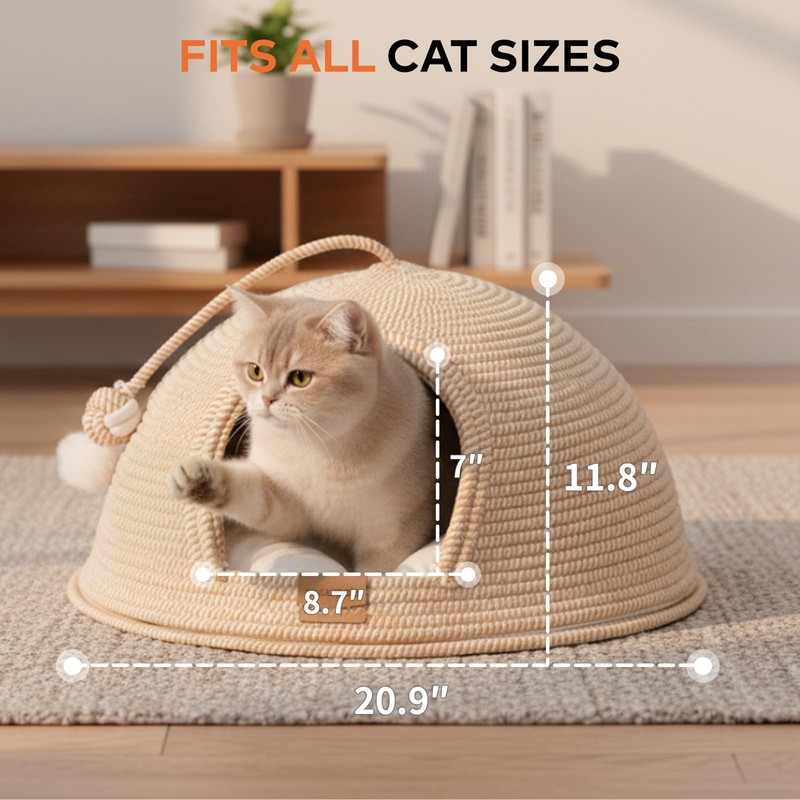 Cat Cave Bed with Washable Cushion and Ball, Handwoven Cotton