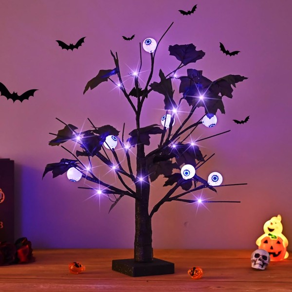 Hawisphy 18IN Halloween Tree with 24LED Purple Lights and 10