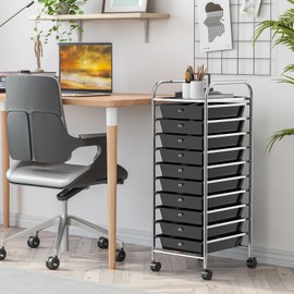RELAX4LIFE 10 Drawer Rolling Cart, Slim Storage Cart w/Lockable Wheels for Classroom School Teacher Office, Art Supplies Paper Scrapbook Craft Organizers, Utility Cart with Drawers (Black)