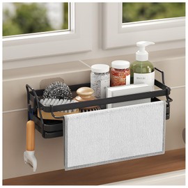 LBTING Sponge Holder for Kitchen Sink, Wall Mounted Sink Caddy with Self-Draining Drain Tray, Stainless Steel Kitchen Sink Caddy for Organizing Sponge, Brush, Soap Dish Dispenser – Black