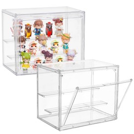 Acrylic Display Case,3 Layer Clear Display Case Adjustable Display Box Stand with 2 Movable Dividers 2 Pack Small Showcase Magnetic Door for Collections Mini Figures