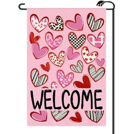 Love Heart Valentines Day Garden Flag 12x18 Inch Vertical Double Sided Welcome Valentine sign Small Flags Anniversary Wedding Outside Decoration For Yard (ONLY FLAG) QR33