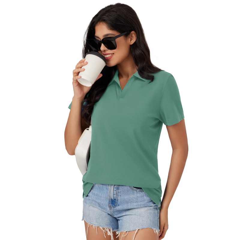 MAGCOMSEN Women Golf Polo Cotton Shirts Short Sleeve V-Neck Tshirt