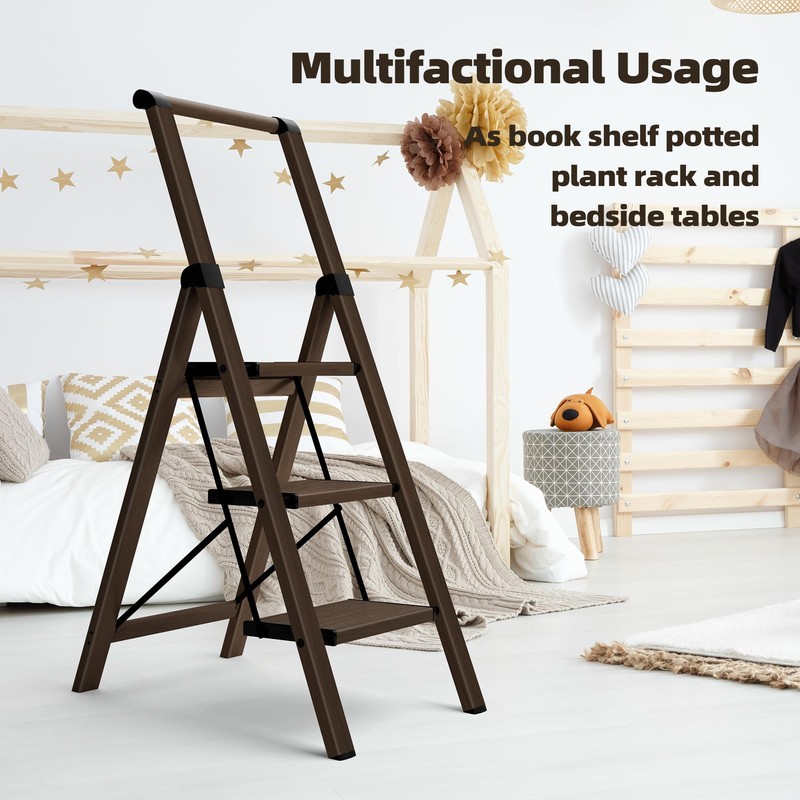 HillhutApex 3 Step Foldable Aluminum Step Ladder with Handgrip, Anti-Slip