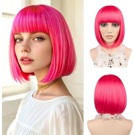 Pelucas Sintéticas para Mujer, Peluca Corta De Bob con Flequillo Pelucas de colores, Neón para Halloween Carnaval de Navidad de Mujer (Hot pink)