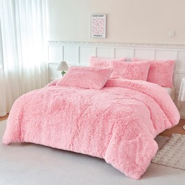 PERFEMET Pink Fluffy Comforter Set Twin Size 3 Pieces Faux Fur Plush Bedding Set for Girls Teen Ultra Soft Cozy Velvet Furry Fuzzy Kids Comforter(Pink, Twin)