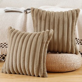 Madizz Set of 2 Faux Fur Plush Decorative Throw Pillow Covers 18x18 inch, 45x45 cm, Brown Fluffy Striped Soft Decorative Cushion Cover for Sofa Bedroom Pillow Shell