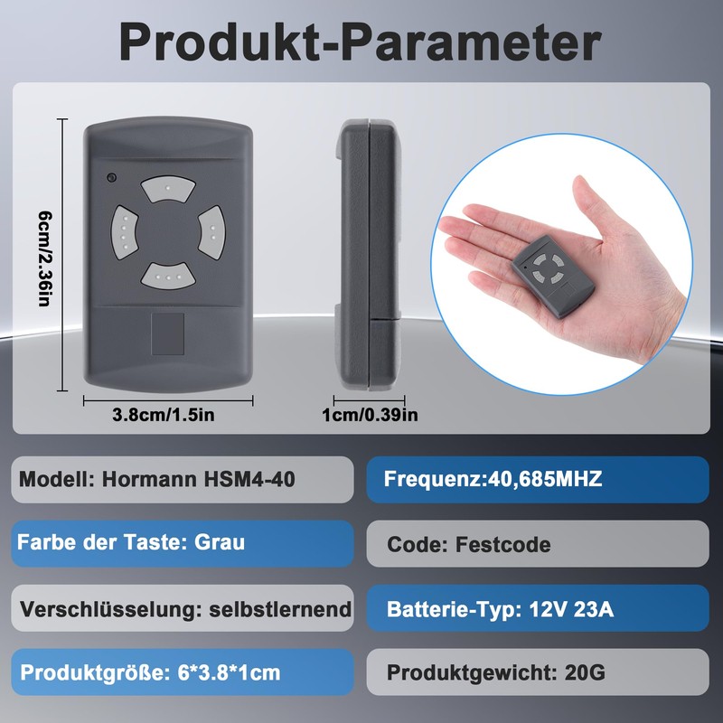 40.685 MHz Garage Door Opener Handheld Transmitter for Hörmann HSM4-40