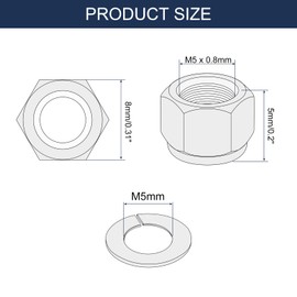 sourcing map 100Pcs M5 x 0.8 Nylon Insert Hex Lock Nut Kit, 304 Stainless Steel Lock Nuts with M5x10x1mm Flat Washers Self Tight Hex Lock Nuts, Silver&Blue