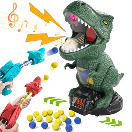 Dinosaur Shooting Toys, Movable Target Shooting Game Dinosaur with 2 Air Pump Blaster and 48 Foam Ball, Score Record, LED & Sound - Colour: Dark Green