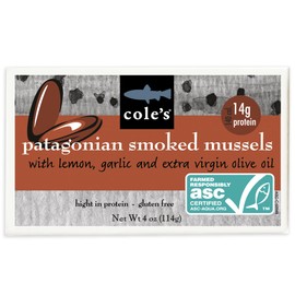Cole’s Patagonian Smoked Mussels Canned with Lemon & Garlic in Extra Virgin Olive Oil | 4oz Hand-Packed Tinned Mussels | 14g Protein | Single Unit