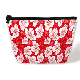 BIGXIUKA Red White Hibiscus Flower Cosmetic Bags for Women,Hawaiian Small Makeup Bag for Purse Travel Toiletry Bag Make up Accessories Organizer Zipper Pouch Gift Idea