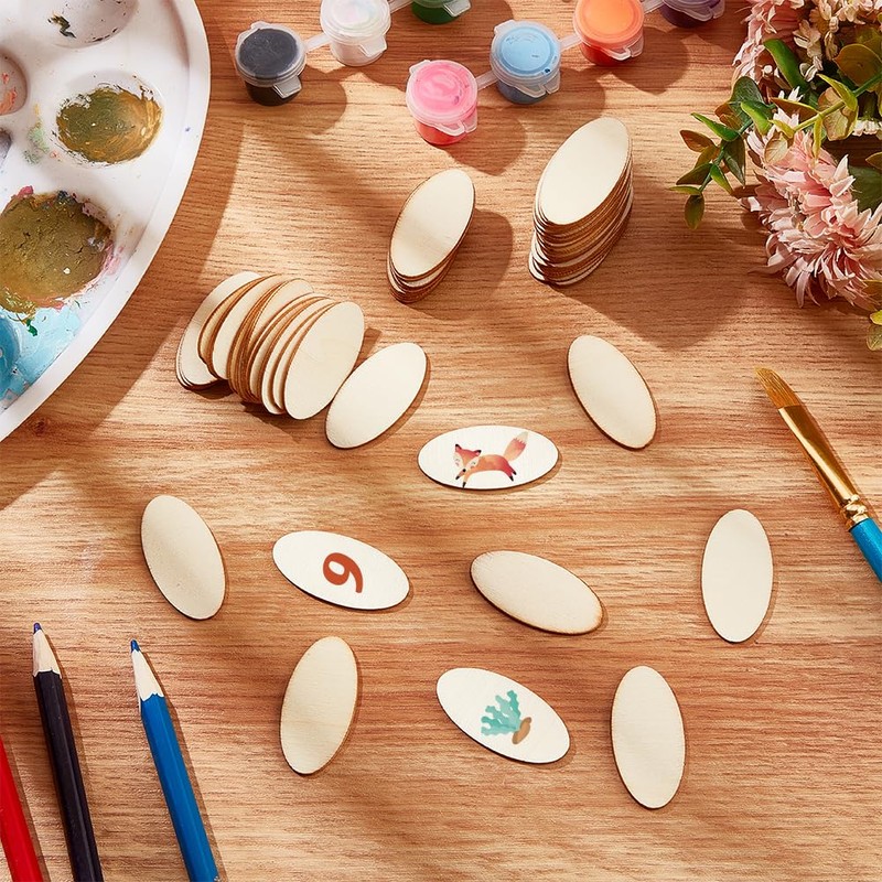 NBEADS 100 Pcs Unfinished Wood Cutouts, Oval Shape Wood Pieces