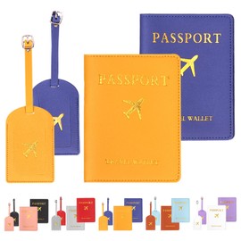 Rustark 4Pcs Yellow and Dark Blue Passport Covers and Luggage Tags Set, Leather Passport Holder Travel ID Tag Suitcase Tags for US Passport Men Women Traveling