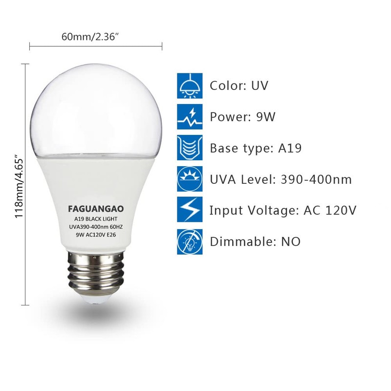 FAGUANGAO LED Black Light Bulb,9W(75Watt Equivalent) A19 UV Blacklight Bulb,120V,UVA