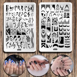 Set of 2 Nail Stencil French Nails Stamp Set, Stamping Stencil Stripes Swirl Snake Pattern Nail Stamping Plates for Nails, 14.5 x 9.5 cm Stamp Pad Nails for Women and Girls