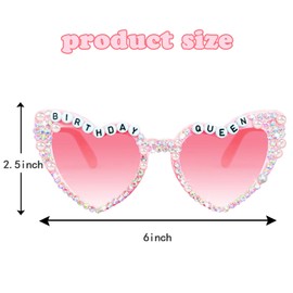 Tbay Birthday Glasses, Birthday Queen Sunglasses Pink Heart Shaped Shiny Bling Diamond Pearl Sunglasses for Women Happy Birthday Party Gift Supplies Accessories Favors