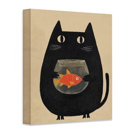Minimalist Caught in the Act Cute Cat Holding Fishbowl Illustration 16x20 Stretched Canvas, Quirky Black Cat Wall Art, Funny & Whimsical Animal Cartoon for Children’s Room, Modern Decor for Cat Lovers