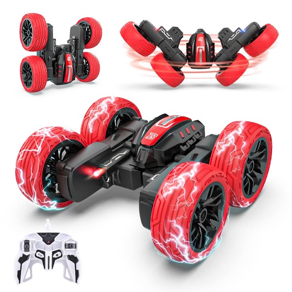 BEZGAR TD202 Remote Control Cars - 2.4GHz Double Sided Stunt Car, 360° Flip Spinning 4WD RC Car with Bright LED Lights, Fun Rechargeable Toy Gifts for Boys Kids Girls, Red