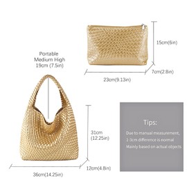 Woven Tote Bag For Women,Vegan Leather Hand Woven Handbags And Purse,Shoulder Bag Top-Handle Bag All-Match Underarm Bag (Gold)