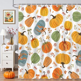 Mocsicka - Cortina de ducha con lazo de calabaza, diseño de otoño con lazo y hojas de otoño, cortina de ducha de Acción de Gracias, coqueta, calabaza, decoración de tina con 12 ganchos, 72 x 72