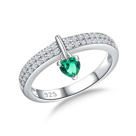 RANDES 925 Sterling Silver May Birthstone Ring Heart Shaped Green Emerald Engagement Wedding Band Ring with Dangle Charm Size 9