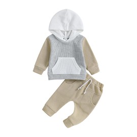 Ursobutegl Toddler Baby Boy Clothes Color Block Hooded Sweatshirt Pullover Jogger Pants 2Pcs Fall Winter Sweatsuit Outfit (Khaki, 18-24 Months)