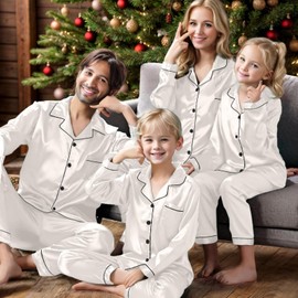 IFFEI Family Silk Satin Pajamas Matching Sets Long Sleeve Pjs for Couples 2 Piece Buttons Kids Christmas Pajamas with Pocket Women：M White