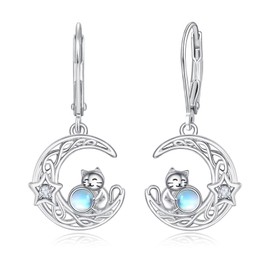 KINGWHYTE Cat Earrings 925 Sterling Silver Moon Earrings Cute Cat Earrings with Moonstone Animal Drop Leverback Earrings Jewellery Gifts for Women, Sterling Silver