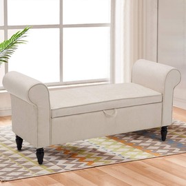 Changjie Furniture Modern Fabric Storage Bench with Arms Button Tufted Footstool Ottoman Bench for Living Room Bedroom Light Beige