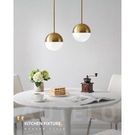 AUTELO 2 Pack Brushed Gold Pendant Lights, 8 Inch Glass Pendant Lights Kitchen Island with Milky White Globe Glass Shade, Mid Century Modern Adjustable Rods Kitchen Lamp, H9255 MGBG-8-2PK