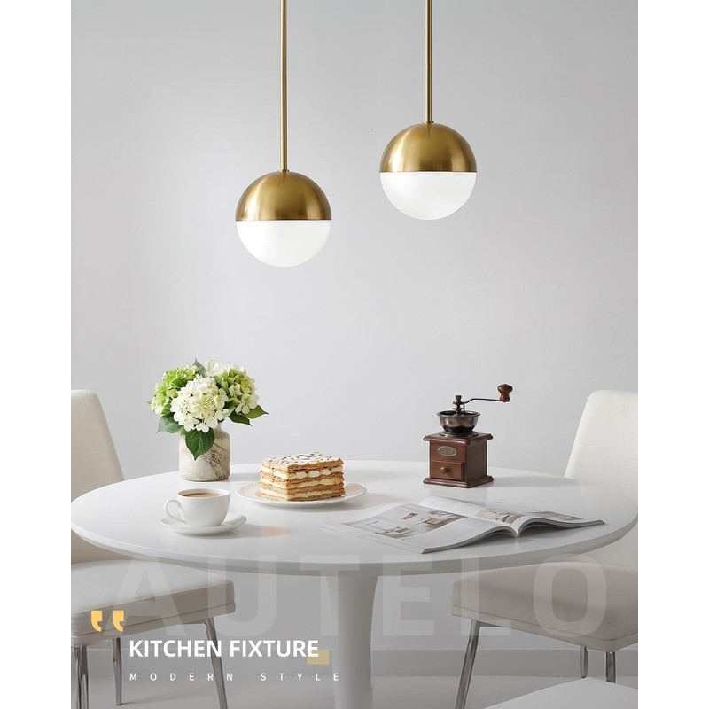AUTELO 2 Pack Brushed Gold Pendant Lights, 8 Inch Glass