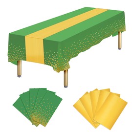 10 Packs Plastic Table Cloth Disposable and Satin Table Runner, Green Disposable Tablecloth Rectangular and Gold Table Runner for Christmas Birthday Graduation Anniversary New Year Party Decorations