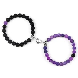 2 Pcs Couples Bracelet Magnetic Healing Stone Stretch Cord Friendship Bracelet for Men & Women:_Black+Howlite_Without Giftbox