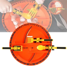 Construction Kids Plates Set, 4PCS Creative Kids Dinnerware Set Toddler Plates Cutlery for Enfant, Digger Baby Dishes Babies Dinning Set Kid Funny Cutleries for Toddler Utensils Playing Gifts