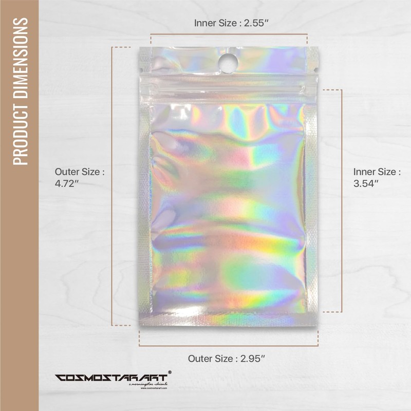 COSMOSTARART 100 Pack Holographic Resealable Bags, Clear Front Mylar Ziplock