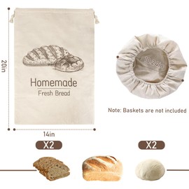 GYOSUGANG Bread Bags for Homemade Bread Sourdough With Cotton Proofing Cover - Plastic Lined Reusable Breads Storage, Linen Sourdough Bag to Keep Fresh - 20" x 14", 4 Pack