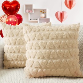 Valentine's Day Pillow Covers, Set of 2 Soft Plush Short Wool Velvet Throw Pillow Covers, Valentines Heart Love Decorative Square Luxury Cushion Case Pillow Shell for Sofa Holiday- Beige 18x18 Inch