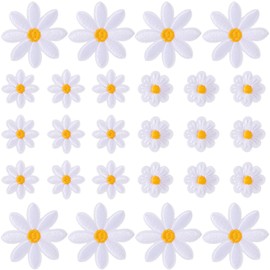 VARMDUKKE 30pcs Daisy Flower Iron on Patch, 5 Petals Flower Embroidered Applique for Clothes, Cute Floral Sew on Repair Patches for Hats, Jeans, Craft Decoration - White, 3 Sizes