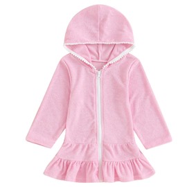 Mubineo Toddler Girl Long Sleeve Swimsuit Beach Dress Cute Cover Ups Ruffle Bathing Suit Cover Up Kimono Kids Swimwear (Pink, 3-4 Years)