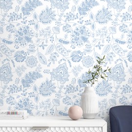 CiCiwind White and Blue Floral Wallpaper Boho Wall Paper Peel and Stick Modern Contact Paper Removable Self-Adhesive Waterproof Textured Wallpapers for Bedroom Cabinets 17.3" × 78.7"